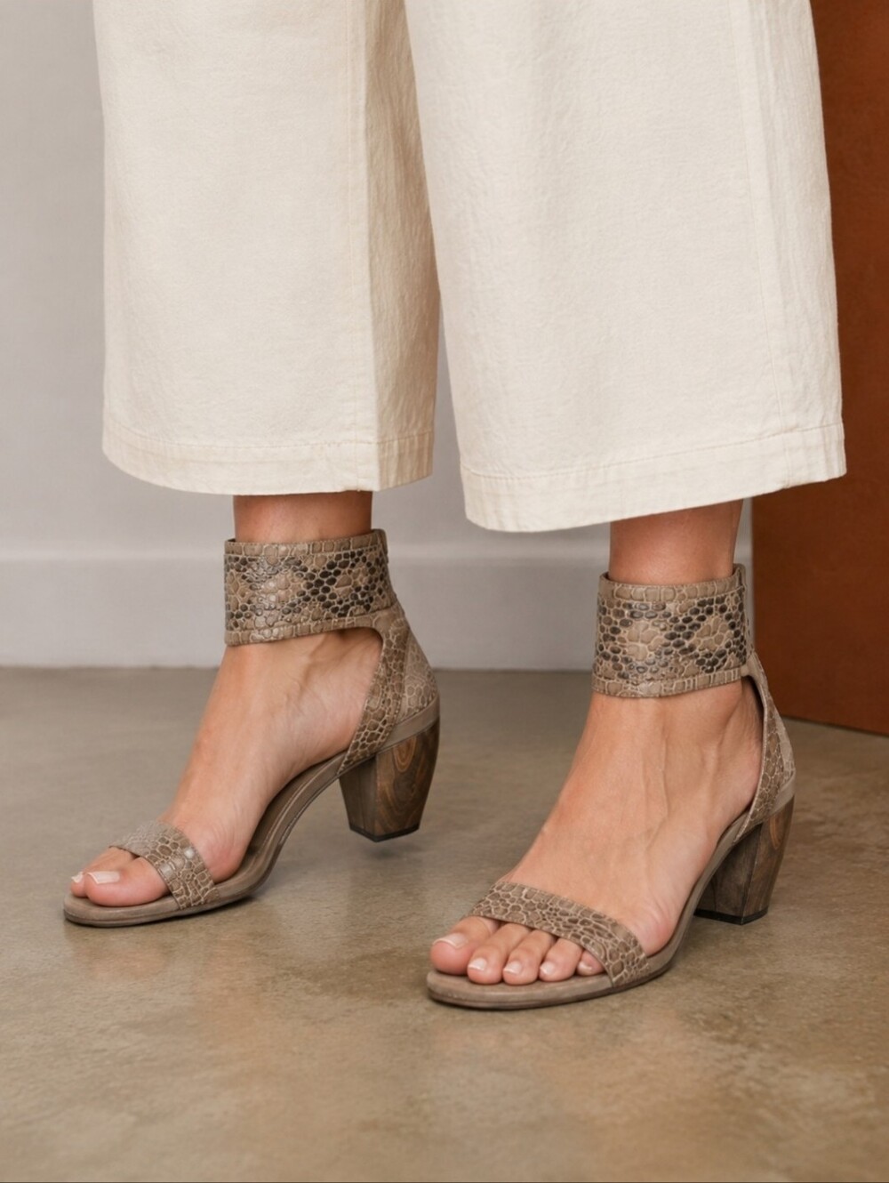 Calleen Cordero Tan Gray Leather Ankle Wrap Embellished Heeled Sandals Size 9
